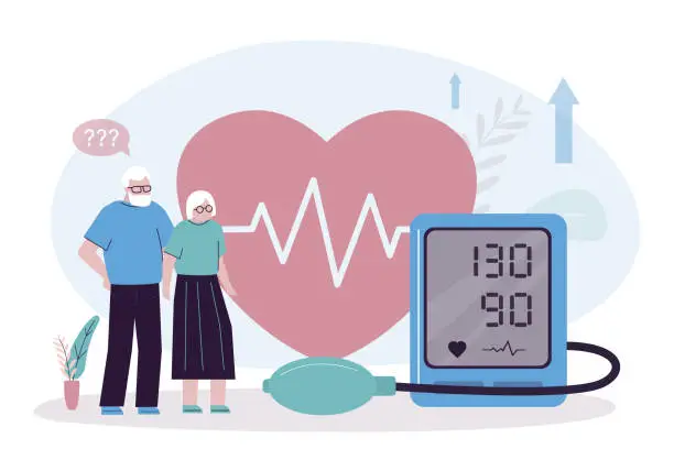 Vector illustration of Old people medical check up. Aged patients healthcare, geriatric patient health support. Senior adult woman and man checking blood pressure with a tonometer.
