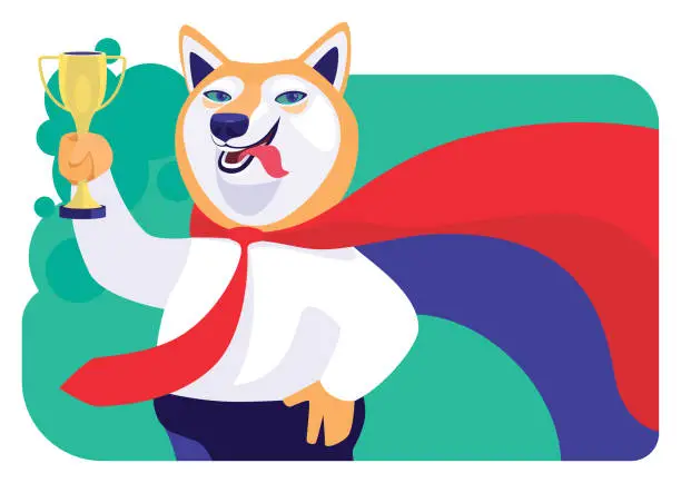 Vector illustration of superhero businessman dog holding trophy