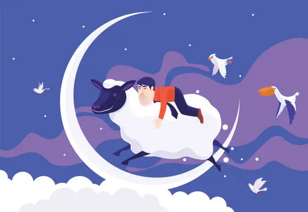 Vector illustration of businessman riding sheep and jumping over moon