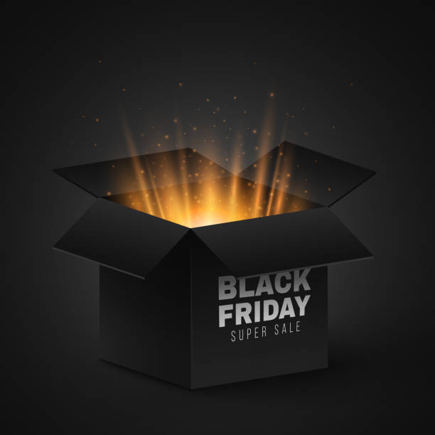 istock Gift magic open 3d box with golden rays and flying magical dust for Black Friday sale. Graphic elements for your design. Vector illustration. 1633130145