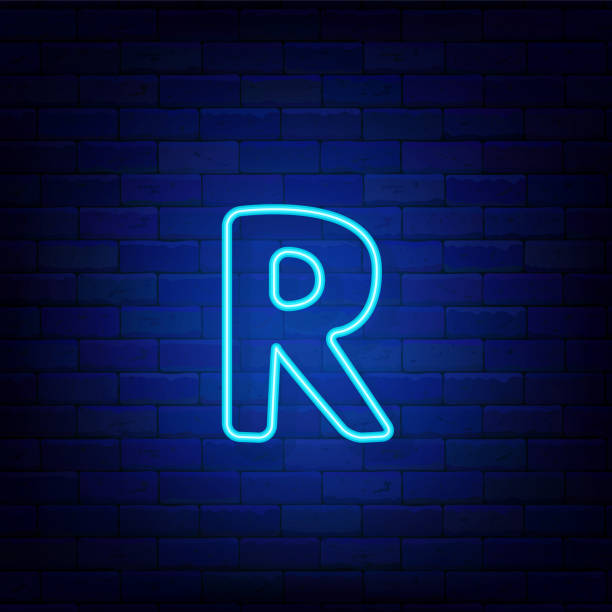 istock Neon letter R on brick wall. Bright blue logotype. Simple shape. Glowing banner. Editable stroke. Vector illustration 1633137518