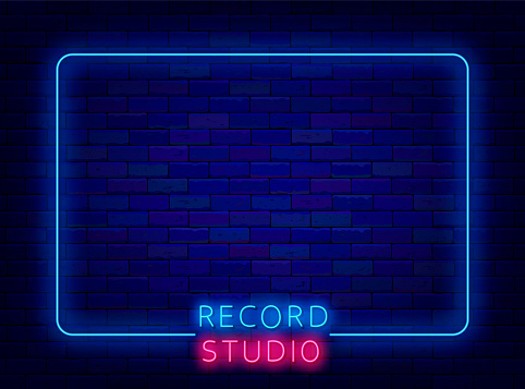 Record studio neon advertising. Music creation and talent concert. Shiny banner with blue frame. Minimal poster on brick wall. Copy space. Bright flyer. Vector stock illustration