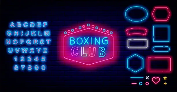 Vector illustration of Boxing night neon label. Power sport. Vintage frame on brick wall Fight club. Editing text. Vector stock illustration