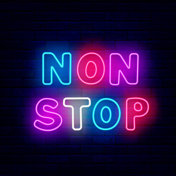 istock Non stop neon label. Glowing emblems on brick wall. Colorful handwritten text. Night club show. Vector illustration 1633137716