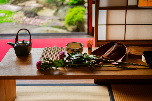 Japanese green tea bowls, flowers and gardens.