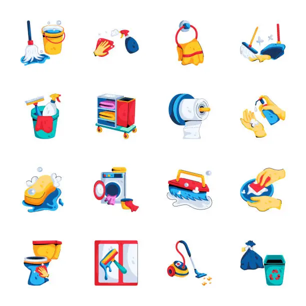 Vector illustration of Set of Cleaning Tools Flat Icons