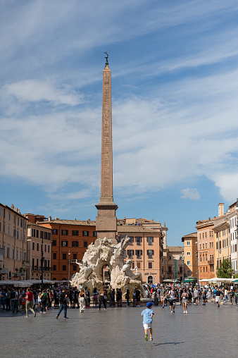 September 4, 2022 - Rome, Italy. Fountain of the Four Rivers is fountains in Piazza Navona. Built in 1648-1651. The statues around it symbolize the four rivers: Nile, Ganges, Danube and La Plata.