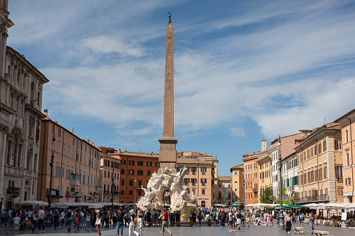 September 4, 2022 - Rome, Italy. Fountain of the Four Rivers is fountains in Piazza Navona. Built in 1648-1651. The statues around it symbolize the four rivers: Nile, Ganges, Danube and La Plata.