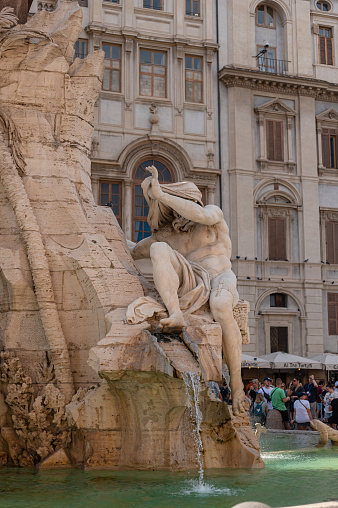 September 4, 2022 - Rome, Italy. Fountain of the Four Rivers is fountains in Rome, Piazza Navona. Built in 1648-1651. The statues around it symbolize the four rivers: Nile, Ganges, Danube and La Plata