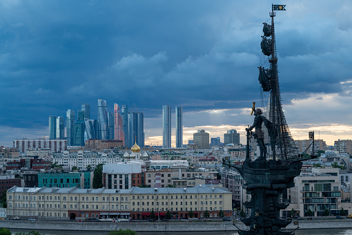 July 19, 2022, Moscow, Russia. View of the monument to Peter the Great by Zurab Tsereteli in the center of the Russian capital on a summer evening