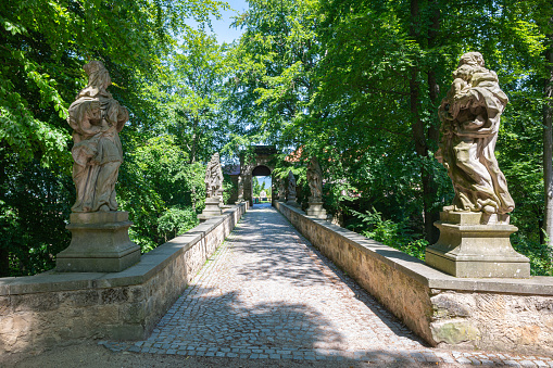 Turnov, Czechia - July 15, 2023: Statues at the entrance of Valdštejn or Waldstein Castle near the town of Turnov in Bohemia, Czech Republic.