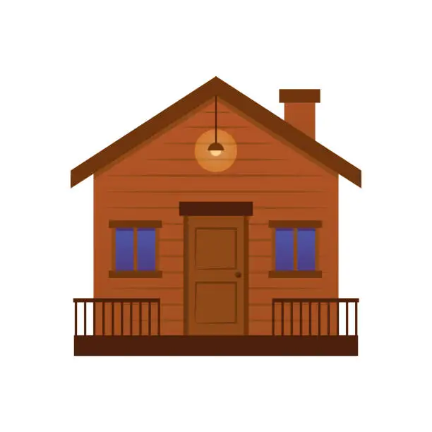 Vector illustration of Wooden house with door windows and terrace, lamp is lit on the porch, small brown home vector flat isolated illustration
