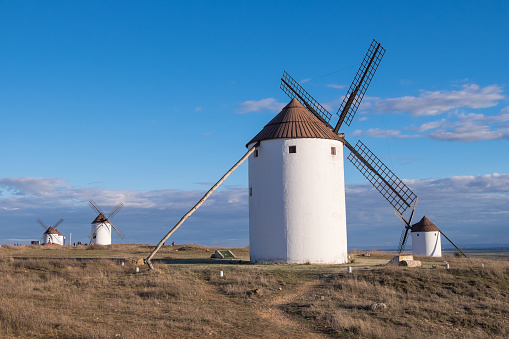 Windmills on a hill in Castilla La Mancha, Spain