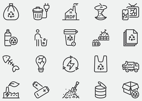 Waste Management, Recycling, Reuse or recycling of garbage, Refuse Derived Fuel, RDF, Waste sorting, Waste separation, Garbage, E-waste, Hazardous Waste, Plastic scrap, Garbage Elements. Line Icons