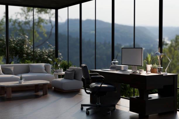 istock A computer desk with a computer in a modern, luxury living room. Home workspace 1633177049