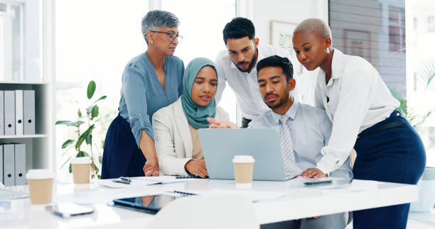 istock Data analysis, diversity or business people in meeting for advertising strategy, web SEO growth or research. Teamwork, happy or manager on tech planning, social media or networking in office building 1633189683