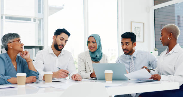 istock Data analysis, diversity or business people in meeting for advertising strategy, web SEO growth or research. Teamwork, happy or manager on tech planning, social media or networking in office building 1633189690