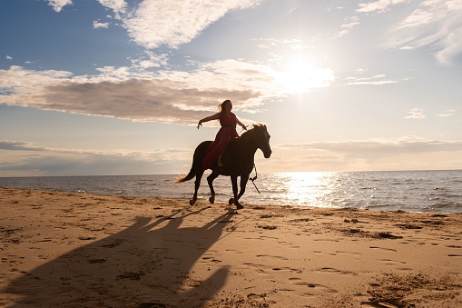 A female rider wearing a pink dress galloping along a beach on a brown horse.
