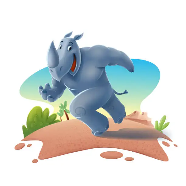 Vector illustration of illustrated cartoon rhino runs in African landscape