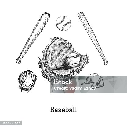istock Baseball set, hand drawn illustrations in vector, sketches of sporting equipment 1633221856