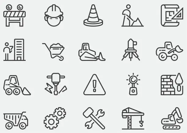 Vector illustration of Under Construction,Buildings,Project,Architecture,House,Engineering, Repair,Renovation,Blueprint,Helmet,tools,Build,Containing crane, building,land,excavator,maintenance,contractor, worker. Line Icons