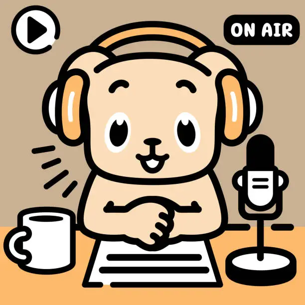 Vector illustration of A labrador retriever radio host or podcaster wearing headphones is producing a radio show or live stream