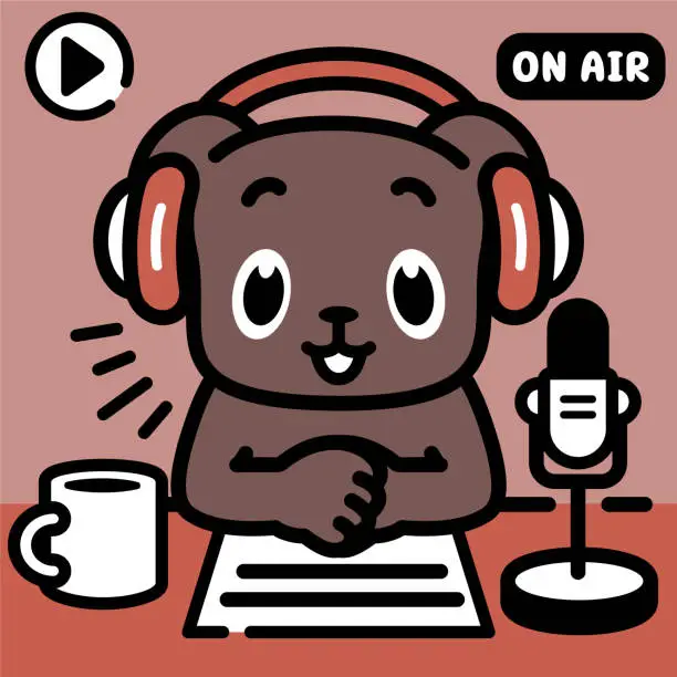 Vector illustration of A labrador retriever radio host or podcaster wearing headphones is producing a radio show or live stream