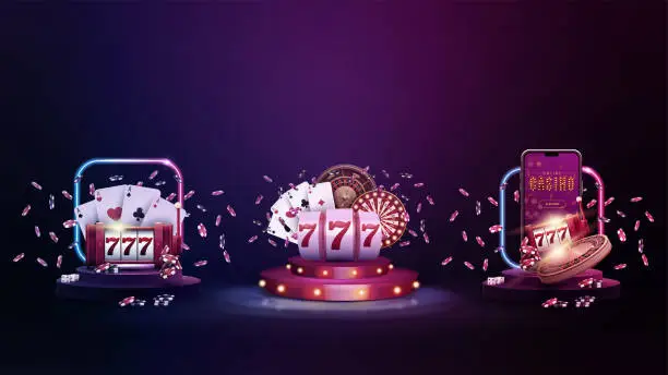 Vector illustration of Set of casino elements on podiums with neon frames, slot machine, wheel fortune, roulette wheel, poker chips and playing cards