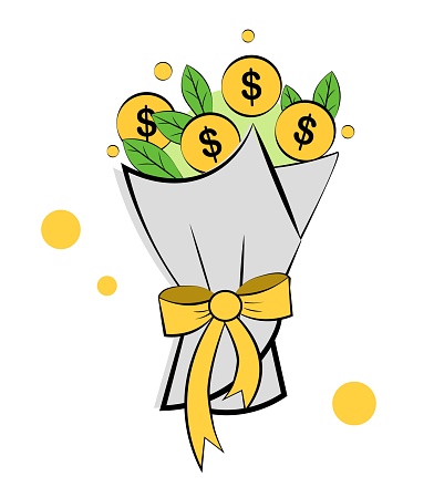 A bouquet of money. Congratulations. The concept of increasing income. Vector illustration in doodle style.