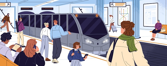 City subway station with different passengers waiting arrival underground train carriage. People standing with smartphones and bags in modern metro platform. Urban transport flat vector illustration.