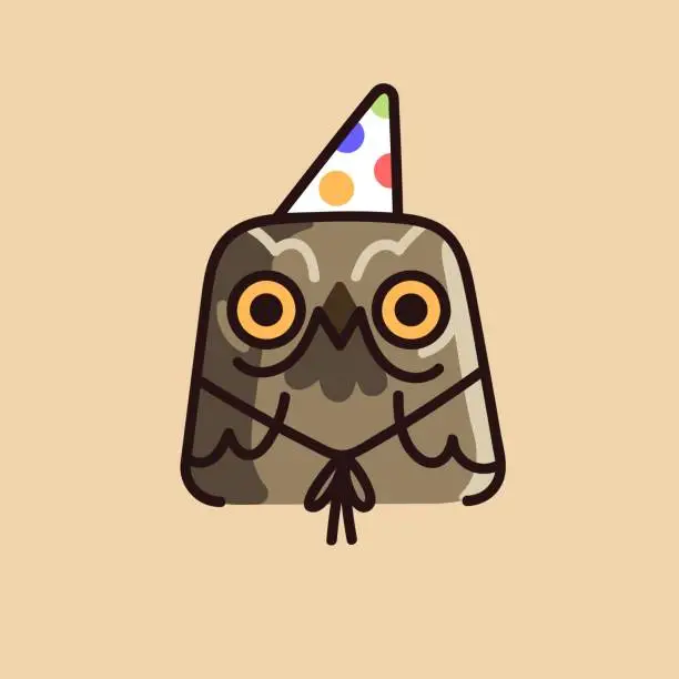 Vector illustration of Birthday animal face. Cute owl, eagle muzzle in party hat, exited bird with big eyes in bday, funny head on holiday. Positive emotion, expression, childish sticker. Flat isolated vector illustration