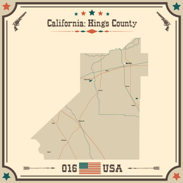 빈티지 색상으로 미국 캘리포니아주 킹스 카운티의 크고 정확한 지도. - california map counties county stock illustrations