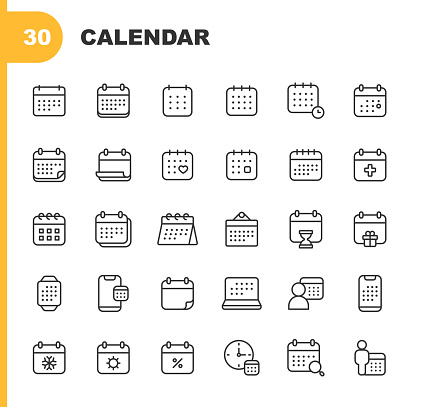 30 Calendar Outline Icons. Appointment, Birthday, Calendar, Checkmark, Christmas, Clock, Countdown, Date, Day, Deadline, Delivery, Document, Elections, Gift, Holiday, Hourglass, Infographic, Management, Medical Appointment, Meeting, Mobile App, Month, Office, Plan, Planning, Remember, Schedule, School, Season, Shipping, Smartwatch, Summer, Time, Time Management, Vacation, Valentine’s Day, Week, Winter, Year.