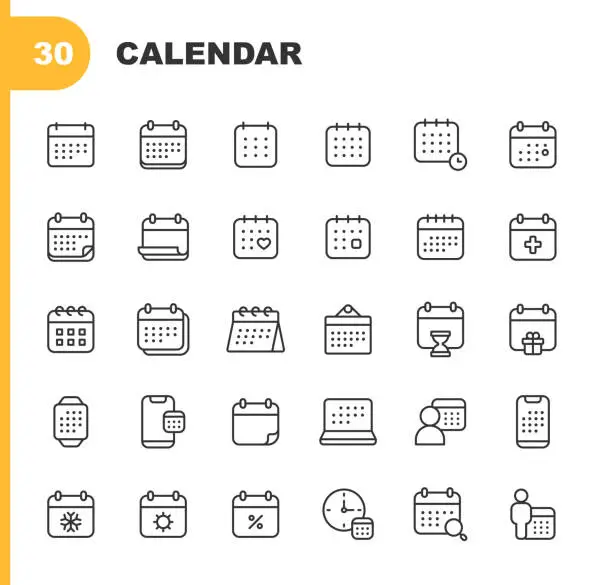 Vector illustration of Calendar Line Icons. Editable Stroke. Pixel Perfect. For Mobile and Web. Contains such icons as Appointment, Clock, Date, Deadline, Holiday, Meeting, Office, Plan, Schedule, School, Time Management, Vacation, Valentine’s Day, Week, Winter, Year.