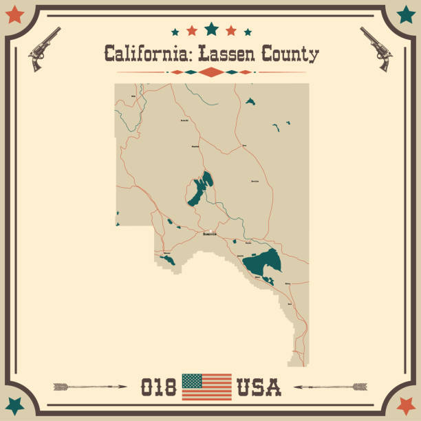 빈티지 색상으로 미국 캘리포니아주 라센 카운티의 크고 정확한 지도. - california map counties county stock illustrations