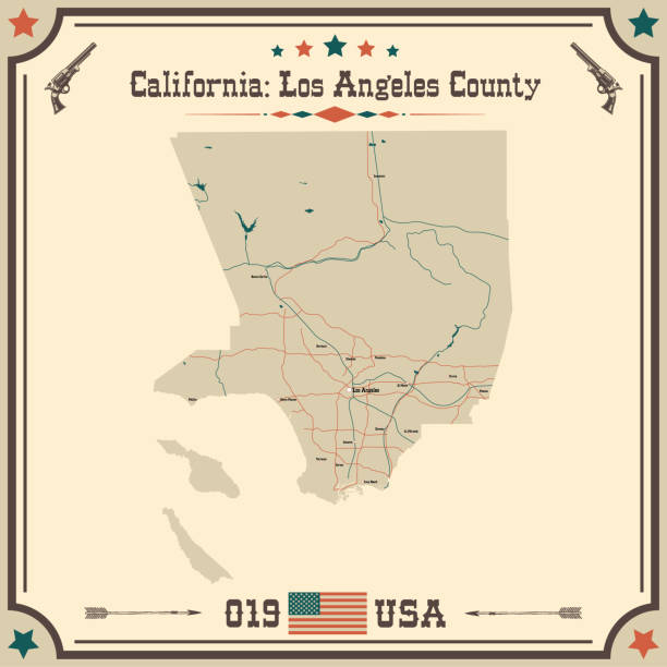 große und genaue karte von los angeles county, kalifornien, usa mit vintage-farben. - california map counties county stock-grafiken, -clipart, -cartoons und -symbole