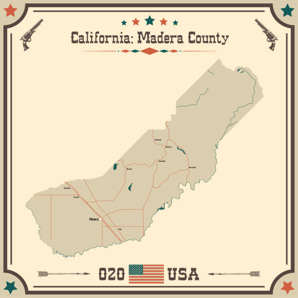 große und genaue karte von madera county, kalifornien, usa mit vintage-farben. - california map counties county stock-grafiken, -clipart, -cartoons und -symbole