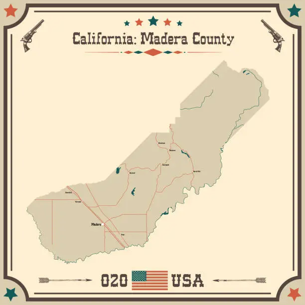 Vector illustration of Large and accurate map of Madera County, California, USA with vintage colors.