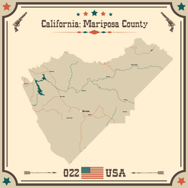 große und genaue karte von mariposa county, kalifornien, usa mit vintage-farben. - california map counties county stock-grafiken, -clipart, -cartoons und -symbole