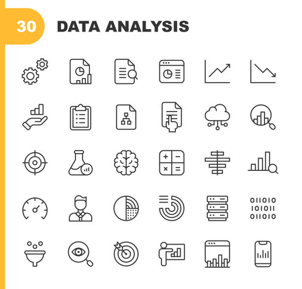 Data Analysis Line Icons. Editable Stroke. Pixel Perfect. For Mobile and Web. Contains such icons as Analytics, Artificial Intelligence, Assessment, Big Data, Chart, Cloud Computing, Dashboard, Data Analysis, Diagram, Finance, Performance, Statistics. 30 Data Analysis Outline Icons. Analytics, Arrow, Artificial Intelligence, Assessment, Bank, Bar Chart, Big Data, Business, Business Presentation, Business Strategy, Calculator, Chart, Cloud Computing, Communication, Computer, Computer Science, Dashboard, Data, Data Analysis, Data Science, Diagram, Document, Finance, Global Business, Goal, Graph, Investment, Magnifying Glass, Marketing, Money, Office, Payments, Performance, Science, Search, Search Engine Optimisation, SEO, Server, Statistics, Stock Market, Strategy, Target, Teamwork, Technology, Web Browser. robert stock stock illustrations