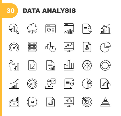 30 Data Analysis Outline Icons. Analytics, Arrow, Artificial Intelligence, Assessment, Bank, Bar Chart, Big Data, Business, Business Presentation, Business Strategy, Calculator, Chart, Cloud Computing, Communication, Computer, Computer Science, Dashboard, Data, Data Analysis, Data Science, Diagram, Document, Finance, Global Business, Goal, Graph, Investment, Magnifying Glass, Marketing, Money, Office, Payments, Performance, Science, Search, Search Engine Optimisation, SEO, Server, Statistics, Stock Market, Strategy, Target, Teamwork, Technology, Web Browser.
