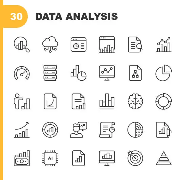 Vector illustration of Data Analysis Line Icons. Editable Stroke. Pixel Perfect. For Mobile and Web. Contains such icons as Analytics, Artificial Intelligence, Assessment, Big Data, Chart, Cloud Computing, Dashboard, Data Analysis, Diagram, Finance, Performance, Statistics.