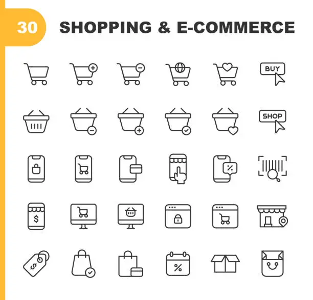 Vector illustration of Shopping and E-Commerce Line Icons. Editable Stroke. Pixel Perfect. For Mobile and Web. Contains such icons as Bag, Credit Card, Customer Support, Delivery, Grocery, Money, Online Shopping, Package, Payment, Price, Sale, Shopping Cart, Store, Transport.
