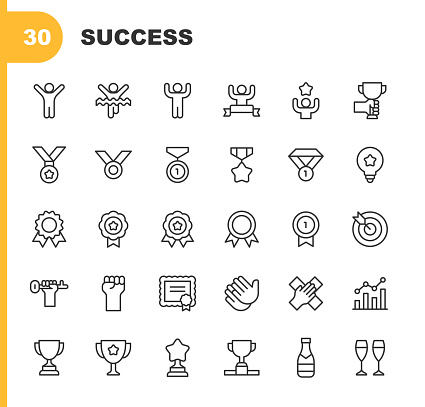 30 Success Outline Icons. Alignment, Approve, Arrow, Badge, Business, Career, Certificate, Challenge. Community, Champagne, Chart, Checkmark, Clipboard, Company, Compass, Cooperation, Core Value, Diagram, Diploma, Direction, Education, Entrepreneur, Executive, Favourite, Friendship, Goal, Growth, Hand, Handshake, Investment, Key to Success, Leadership, Management, Map, Medal, Meeting, Motivation, Office, Plan, Progress, Relationship, Rocket, Startup, Strategy, Success, Target, Team, Teamwork, Thumbs Up, Trophy, Winning.