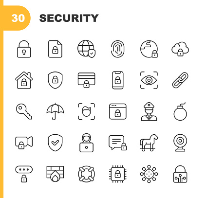 30 Security Outline Icons. Alarm, Analytics, Artificial Intelligence, Bitcoin, Bug, Camera, Checkmark, Cloud Computing, Credit Card, Cryptography, Cybersecurity, Data, Defence, Email, Encryption, Facial Recognition, Fingerprint, Firewall, Globe, Government, Hacker, Insurance, Key, Lock, Padlock, Password, Phishing, Police, Politics, Prison, Privacy, Protection, Retail, Safe, Security, Server, Shield, Shopping, Smart Home, Smartphone, Software, Speech Bubble, Surveillance, Technology, Text Messaging, Thief, Trojan Horse, Virus, Webcam.