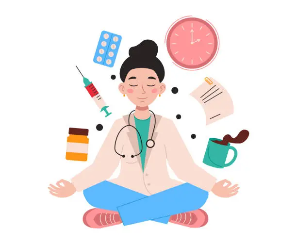 Vector illustration of Woman doctor sits in lotus position and meditates at work. Medical stuff fly around. Vector graphic.