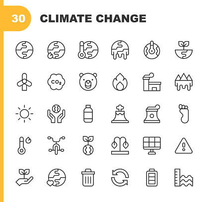 30 Climate Change Outline Icons. Atom, Battery, Bike, Business, Carbon, Carbon Footprint, Climate, Climate Change, CO2, Earth, Ecology, Energy, Environment, Factory, Fire, Footprint, Garbage Can, Global Warming, Globe, Iceberg, Industry, Landscape, Melting, Nature, Nuclear Energy, Outdoors, Planet, Plant, Plastic, Polar Bear, Politics, Pollution, Recycle, Recycling, Sea, Solar Energy, Summer, Sun, Sustainability, Temperature, Tree, Volcano, Warning, Water, Wind Power, Windmill.
