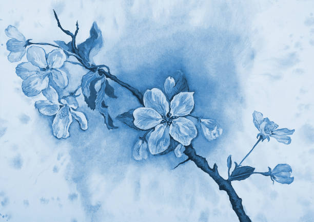 istock illustration watercolor landscape flowering apple tree branch in blue 1633304219