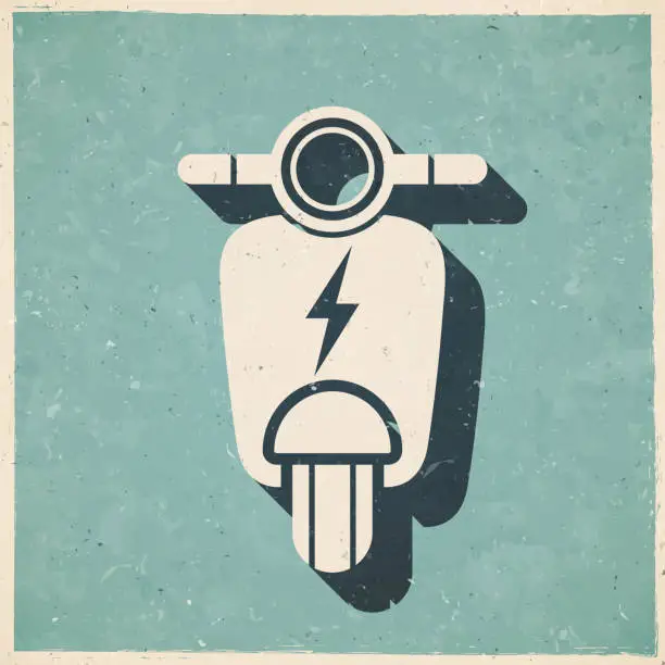 Vector illustration of Electric scooter motorcycle in charge. Icon in retro vintage style - Old textured paper