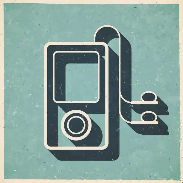 Vector illustration of Mp3 player with earphones. Icon in retro vintage style - Old textured paper